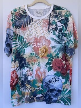 GUESS Los Angeles Men’s Allover Tropical Floral & Skulls Graphic Tee Size XXL